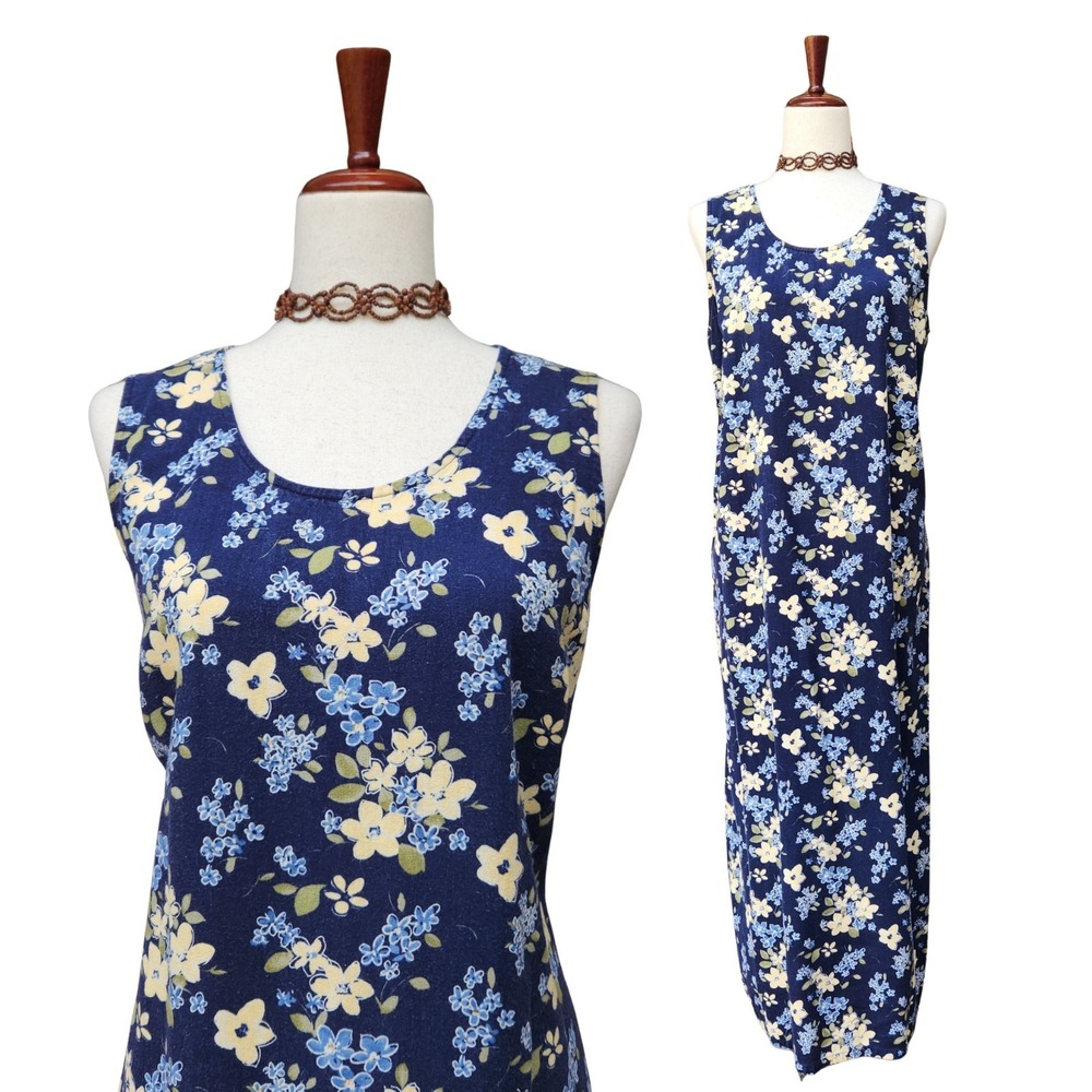 Vintage 90s Maxi Dress Size L /XL Blue Floral Cottagecore Grunge Indie Fairy